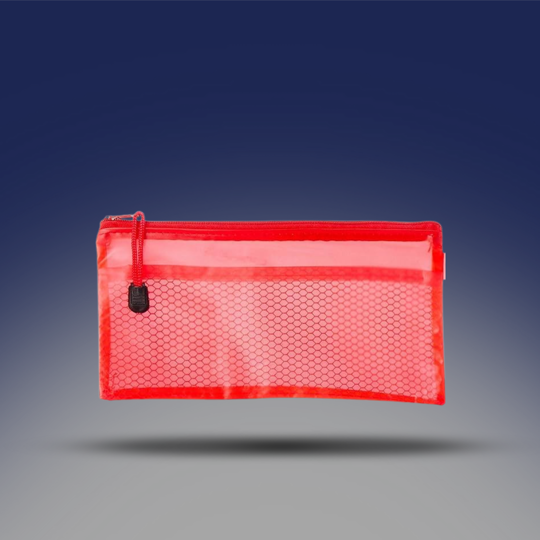 صوره المنتج مقلمة بلاستيك شفافة بسوستة لون احمر